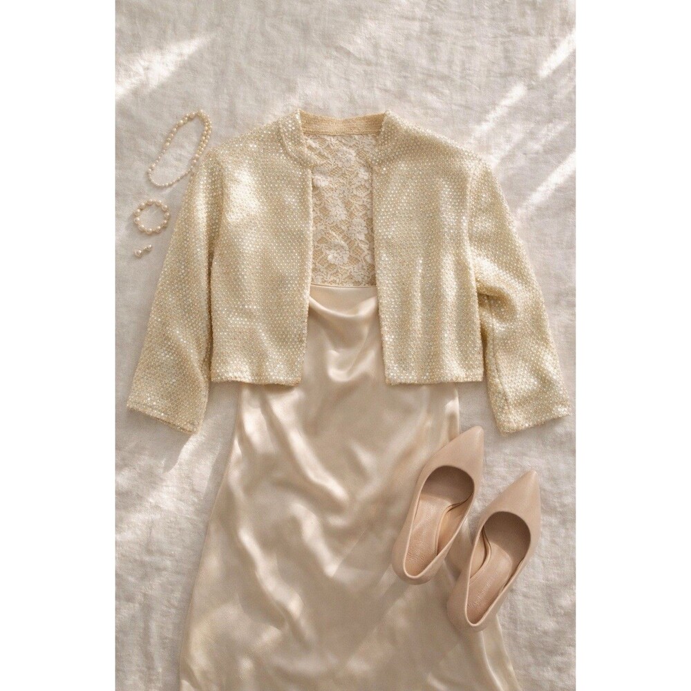 Vintage Sequin Cropped Bolero Jacket Cream Ivory Lace Lined Glam Party M